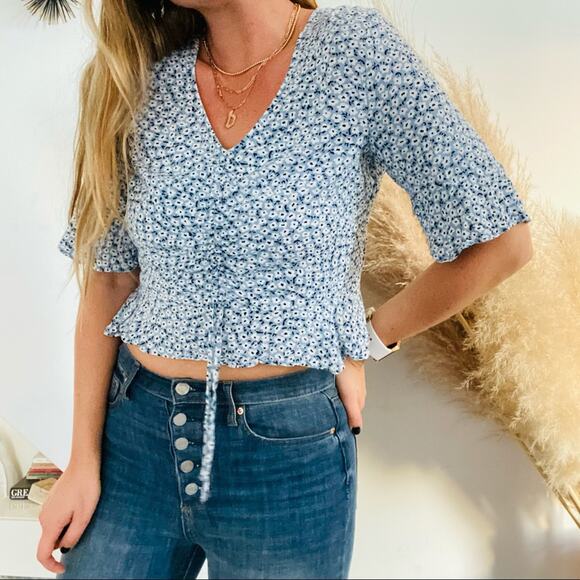 H&M DIVIDED Blue Floral Ruffle Ruched Tie Bell Half Sleeve Top Blouse Shirt 12 - Picture 1 of 8